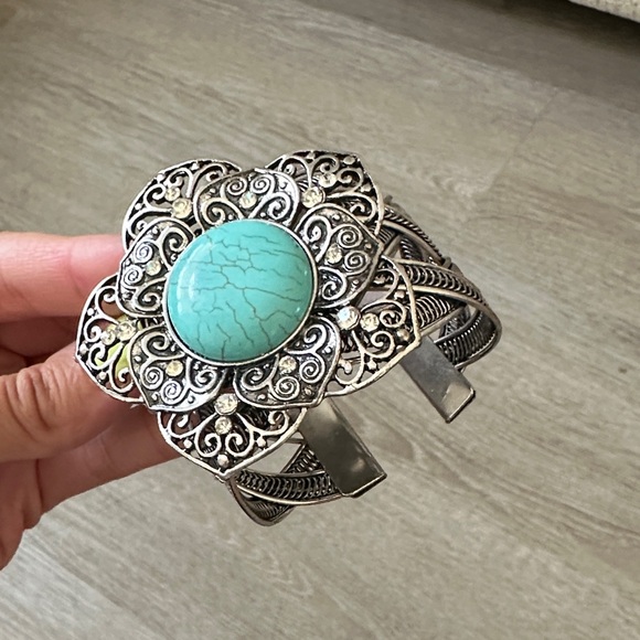 Jewelry - Silver Filigree Cuff Bracelet with Turquoise Stone